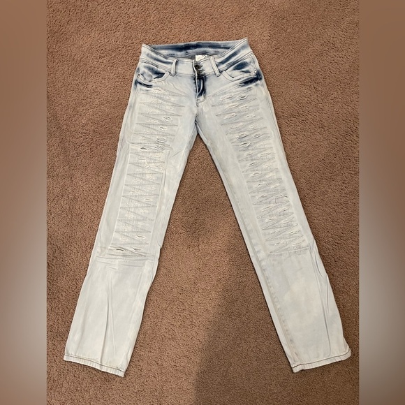 rusty lopez Denim - RUSTY LOPEZ Y2K Faded Low Waist Straight Leg Denim Distressed Jeans